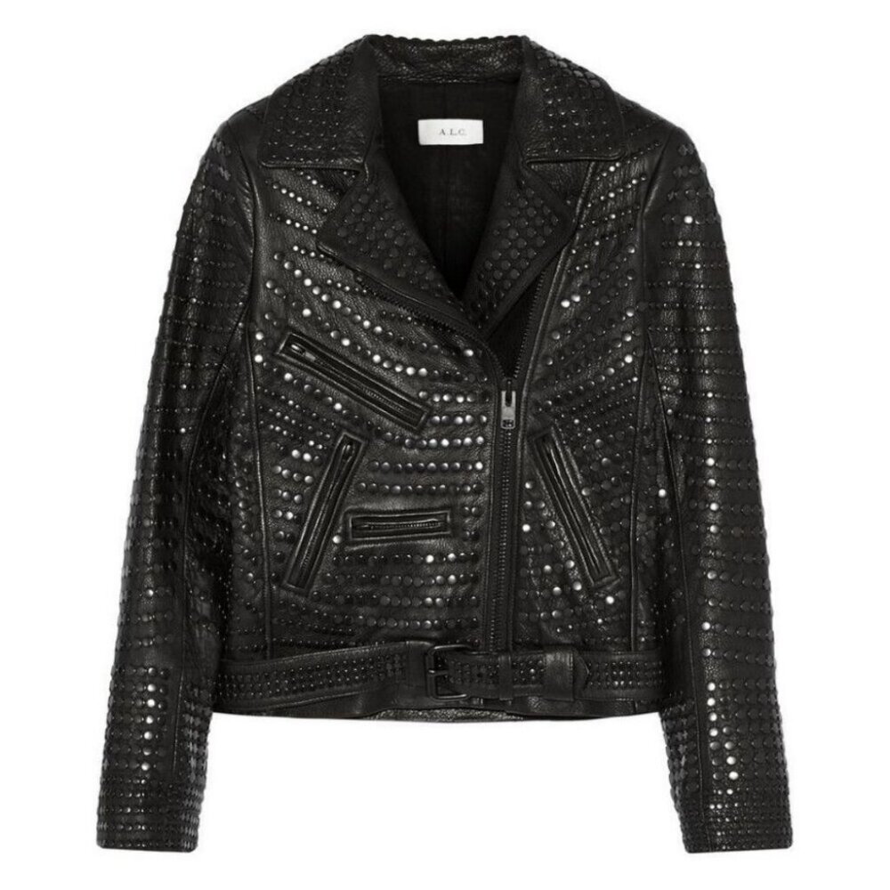 ALC Studded Leather Motorcycle Biker Jacket Black Size 2
